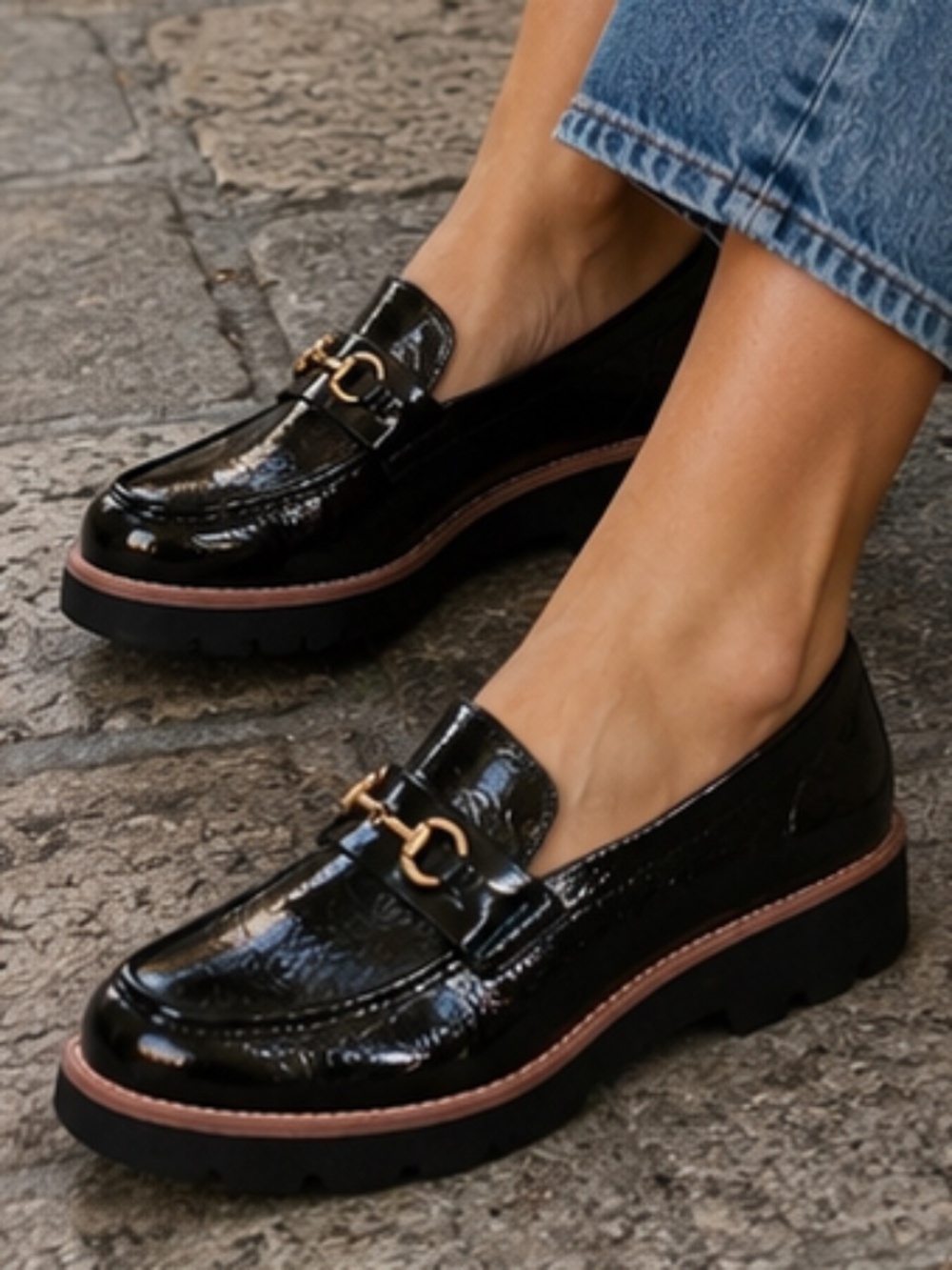 Sofft Prewitt Black Crinkle Patent Leather Chunky Lug Loafers Shoes Size 9.5 M